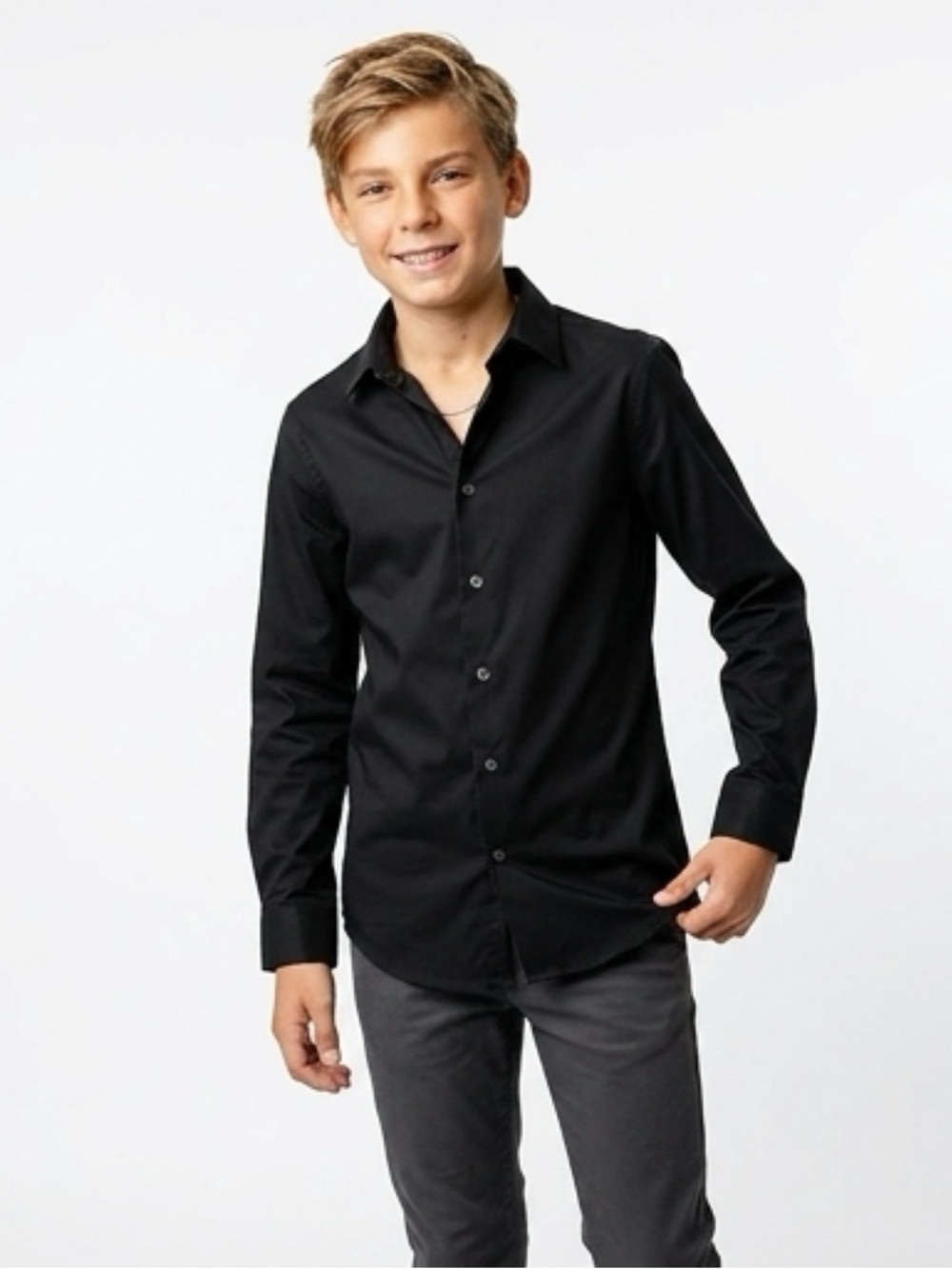 Calvin Klein Boys 14 Slim Fit Stretch Black Dress Shirt Button Up